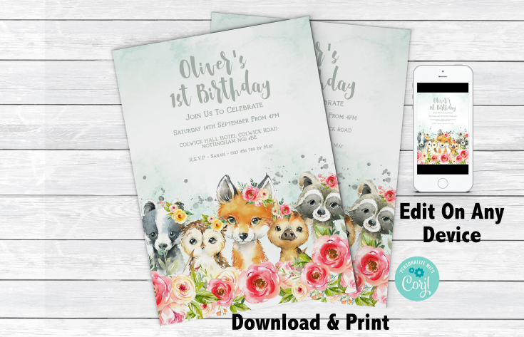 Woodland Animals 1st Birthday Invitation 